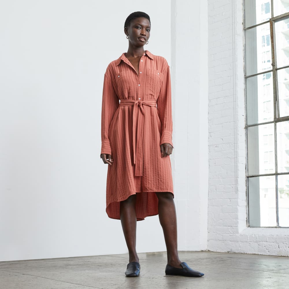 womens-city-stripe-draped-shirt-dress-redwood | primary