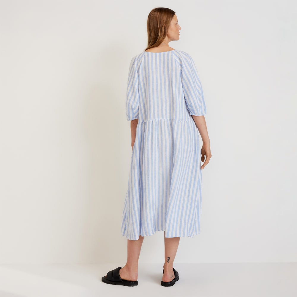 womens-linen-puff-sleeve-dress-blue-white