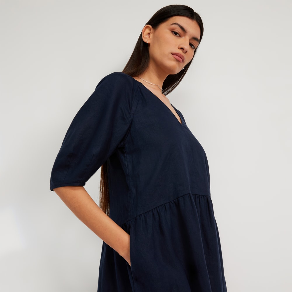 womens-linen-puff-sleeve-dress-navy