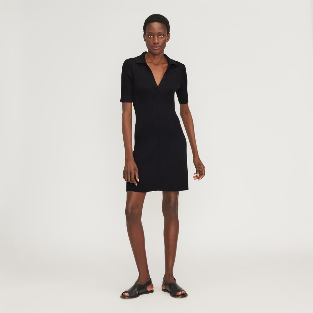 womens-ribbed-short-sleeve-polo-dress-black | primary