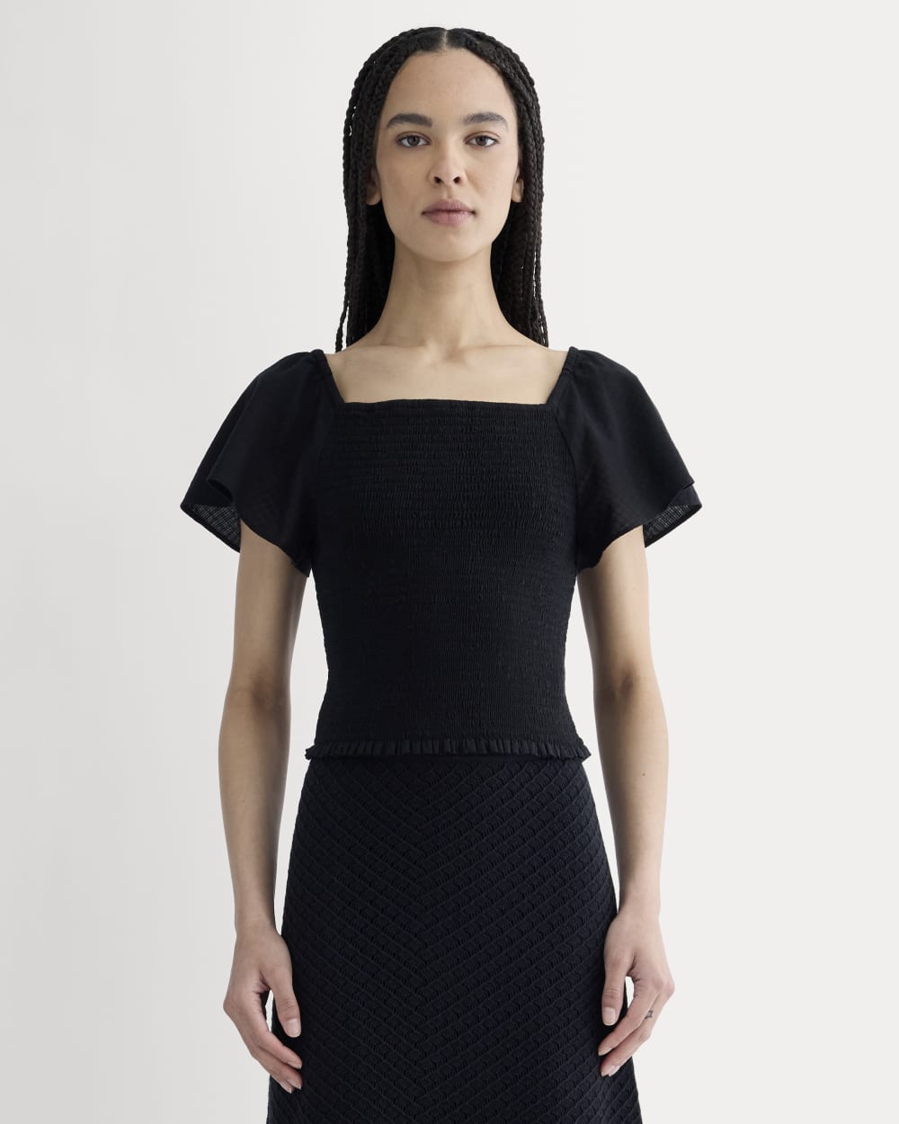 womens-gauze-smocked-top-black | primary