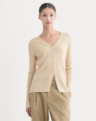 womens-cashmere-ribbed-v-neck-cardigan-heather-light-camel | primary