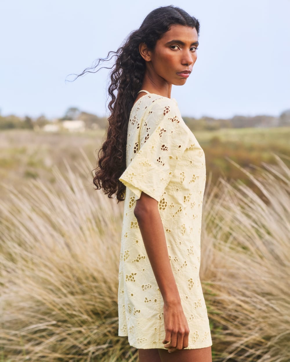 womens-eyelet-mini-shift-dress-light-yellow | editorial
