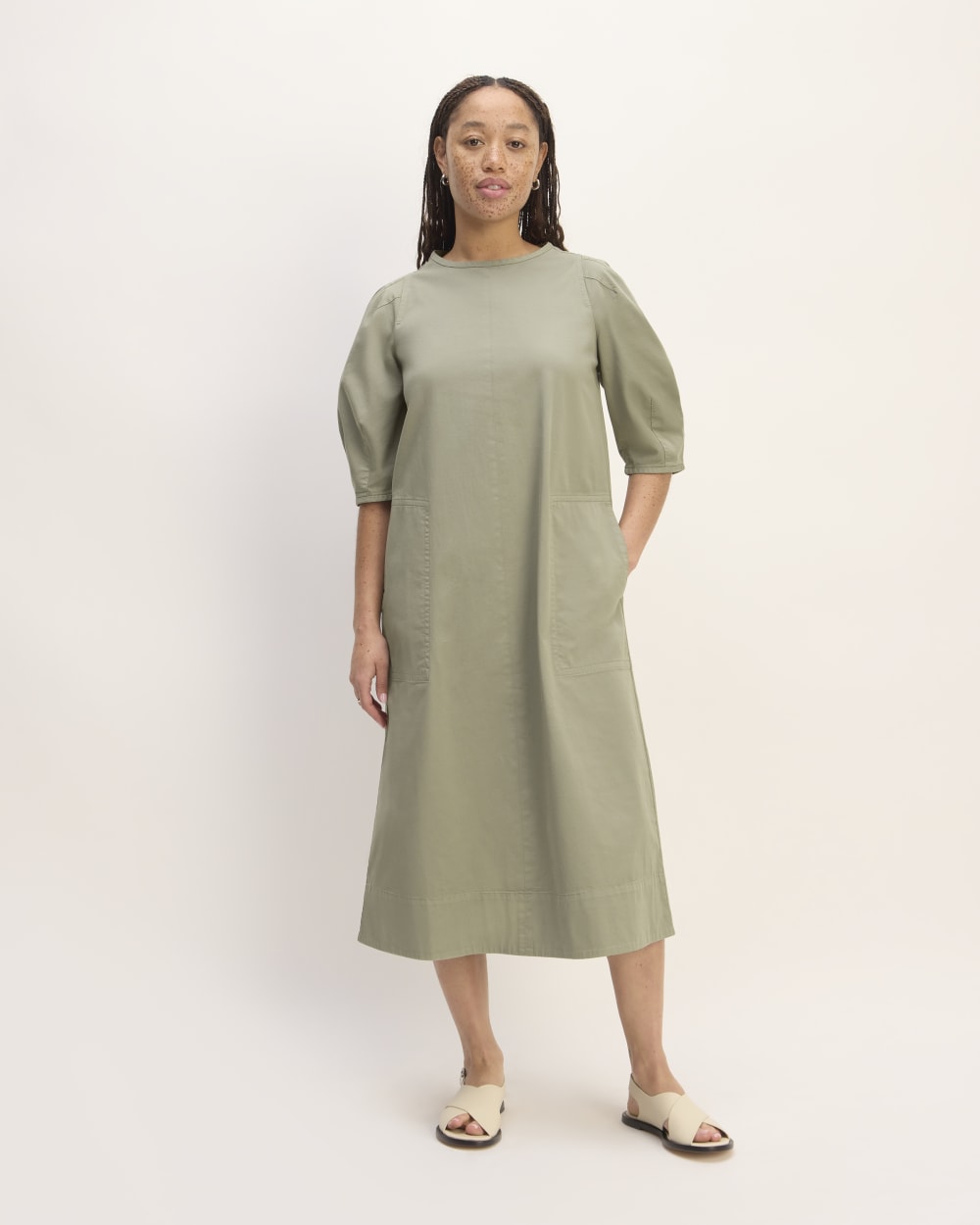 womens-short-sleeve-puff-midi-dress-sage-green | primary